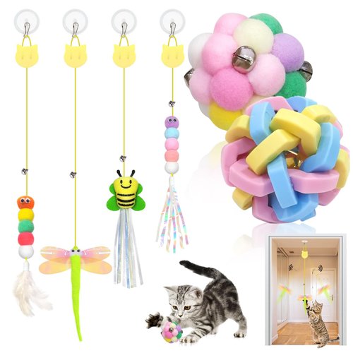 UETZLTB 6pcs Door Hanging Cat Toys for Indoor Cats Self Play, Kitten Cat Toys for Bored Indoor Adult Cats, Cute Cat Ball Toy with Bell, Colorful Realistic Bee Dragonfly Caterpillar Interactive Cat Toy