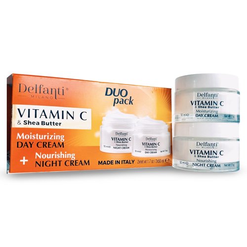 Delfanti-Milano • VITAMIN C & SHEA BUTTER• DUO pack • Day + Night Creams • Face, Neck Décolleté Moisturizing and Nourishing Cream for renewed complexion • Made in Italy