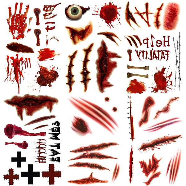 Oottati 6 Sheets Halloween Realistic Scar Waterproof Temporary Tattoo Stickers Eyeball Wound Blood Bone Hand Scratch Cover