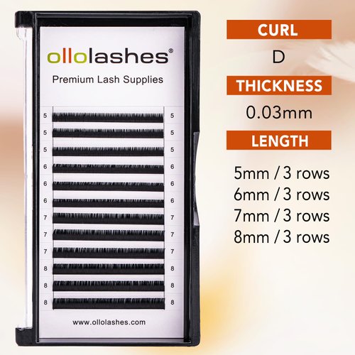 Eyelash Extension B C CC D J Curl Mix 5-20mm 0.03-0.15 Super Matte Classic Lash Extensions Professional Supplies for Lash Techs (D-0.03, 5-8mm)
