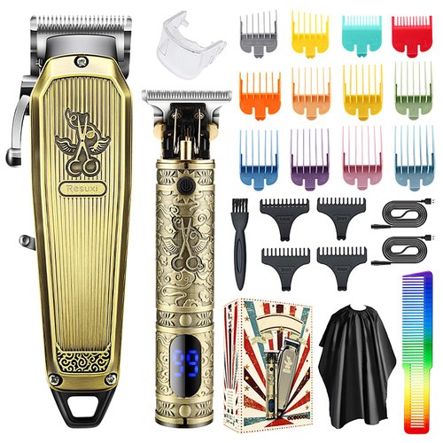 Professional Hair Clippers for Men Electric Beard Trimmer Cordless Barber Clippers for Hair Cutting with T Liners Rechargeable Hair Clipper and Trimmer Set with LED Display (Gold)