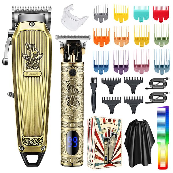Professional Hair Clippers for Men Electric Beard Trimmer Cordless Barber Clippers for Hair Cutting with T Liners Rechargeable Hair Clipper and Trimmer Set with LED Display (Gold)