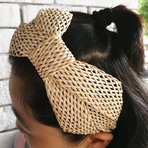 i-lan 2 Pack Rattan Headbands with Bowknot,Comfy Black Beige Head Bands with 2 Inch Width,Boho Padded Hair Band Headwear Hoop for Girls,Ladies,Women