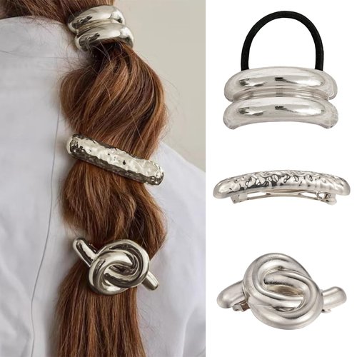 3 Pcs Silver Hair Ties,Hair Barrettes for Women,Silver Ponytail Cuff,Small Barrettes for Fine Hair Silver Geometric Elastic Hair Tie Hair Accessories Silver