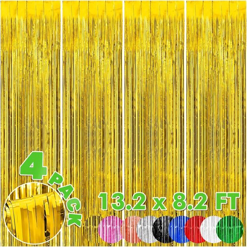 BFONS 4-Pack Backdrop for Party Decorations, Foil Fringe Backdrop Curtains, Tinsel Streamers for ...