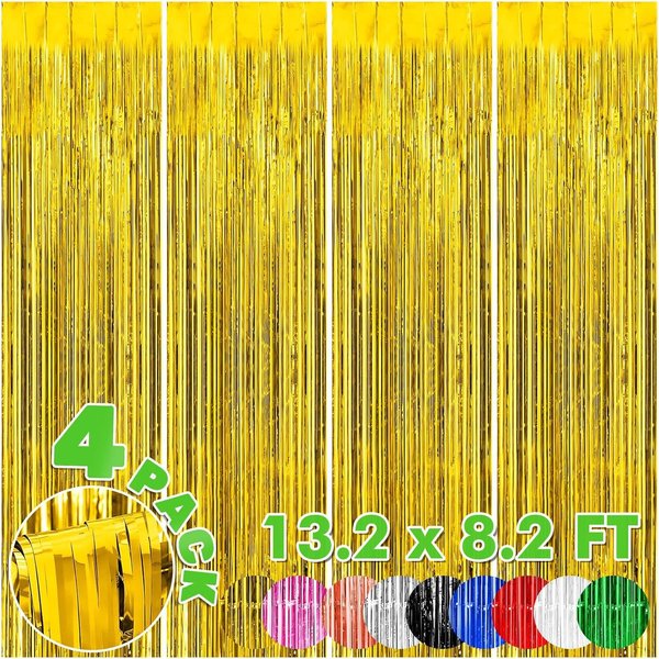 BFONS 4-Pack Backdrop for Party Decorations, Foil Fringe Backdrop Curtains, Tinsel Streamers for Birthday Party Decorations, Gold Backdrop Curtains for Girl Graduation Disco Parties