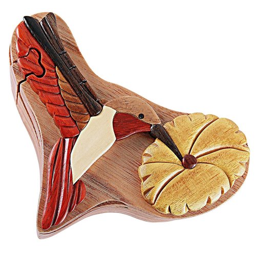 Hummingbird & Flower - All Natural Wood Intarsia Puzzle Box - Handcrafted with Secret Compartment