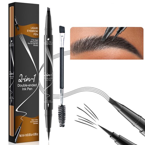 Microblading Eyebrow Pen Brow Pencil Waterproof Eyebrow Pen 2-in-1 Dual-Ended Eyebrow Pencil with 4-Fork Tip & Spoolie Brush for Long-Lasting Hairlike Eyebrow Pen, Grey