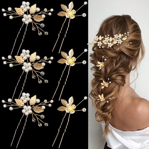 6 Pieces Bridal Wedding Hair Pins Gold Leaf Crystal Pearl Hair Pins Clips Headpiece Vintage Wedding Hair Accessories Jewelry with Rhinestone for Brides Bridesmaids Flower Girls (Elegant)