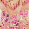 108+ PCS Groovy Pink Temporary Tattoos For Kids Girls Women, Pink Birthday Party Favor Supplies, Y2k Metallic Iridescent Flash Cartoon Fake Tattoo Sticker Children Stocking Fillers Goodie Bags Stuffer