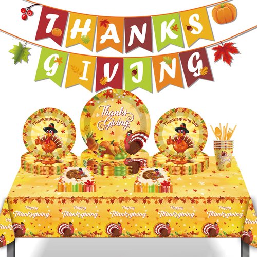 Turkey Thanksgiving Paper Plates and Napkins Set for 24 Guests Including 9" Plates 7" Desert Plates Napkins Cups Knives Forks Spoons Straws Tablecloth and Banner Thanksgiving party decorations