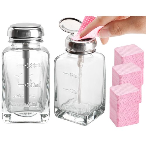 AXPTECH 2 Pcs 180 m/ 6 Oz Nail Polish Remover Pump Empty Dispenser Bottle with 540PCS Lint Free Nail Wipes for Alcohol, Acetone, Nail Polish and Makeup Remover 6 Oz/ 180 ml (2 glass bottles and wipe)