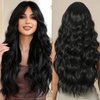 Allbell Long Black Wavy Wigs for Women Synthetic Curly Middle Part Wig with Side Bangs Natural Looking Heat Resistant Fibre for Daily Party Use
