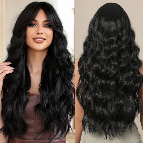 Allbell Long Black Wavy Wigs for Women Synthetic Curly Middle Part Wig with Side Bangs Natural Looking Heat Resistant Fibre for Daily Party Use