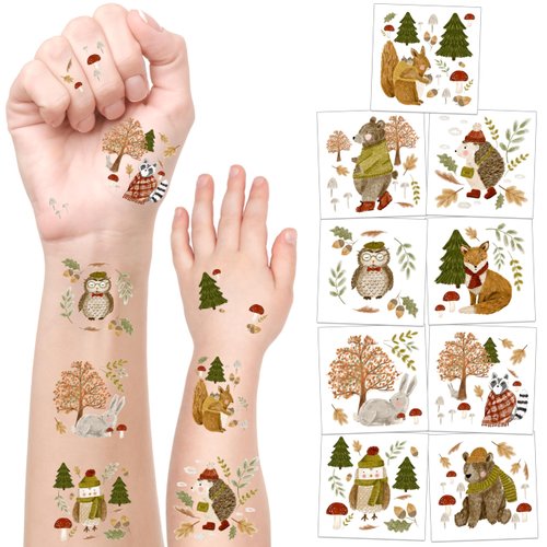 Cheerland 108 pcs Forest Friends Temporary Tattoos, Woodland Animal Fox Rabbit, Pastel Styles, Removable, Kids Birthday, Baby Shower, Welcome Fall Theme Party Supplies & Favors