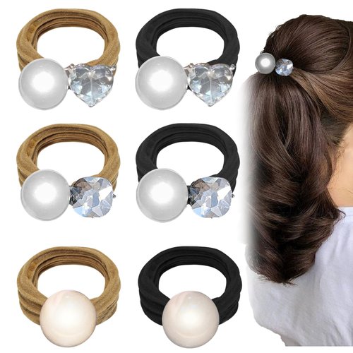 6 PACK Pearl Hair Headbands Tie for Women, Cotton Scrunchies for Women Rhinestone Barrettes for Thick Hair Sparkling Diamonds Hair Black elastic hair ties for Women
