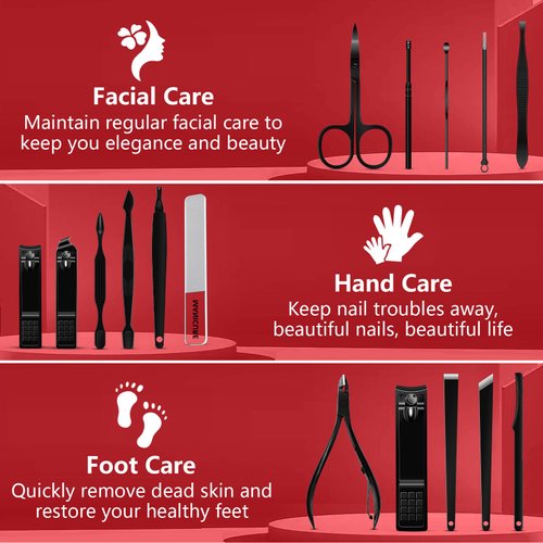 Manicure Set 16 In 1 Professional Stainless Steel Pedicure Kit Toenail Clippers Set Mens Grooming Kit Fingernail Kit for Women with Luxurious Travel Bag, Suitable for Home, Travel, and Salon (Black)