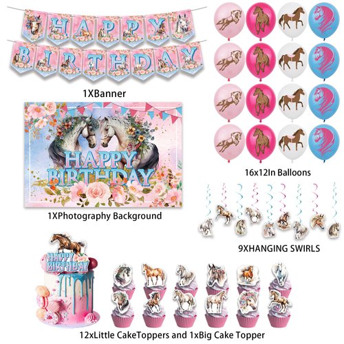 40Pcs Pink Horse Themed Birthday Party Decorations Include Banner-Backdrop-Hanging Swirls-Balloons-Cake Topper-Cupcake Toppers for Pink Horse Birthday Party Supplies