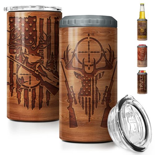 SANDJEST Hunting Tumbler Wood Style American Flag 4 in 1 16oz Tumbler Can Cooler Coozie Skinny Stainless Steel Tumbler Gift for Men Dad Best Friends Hunting Lovers Christmas Birthday Fathers Day