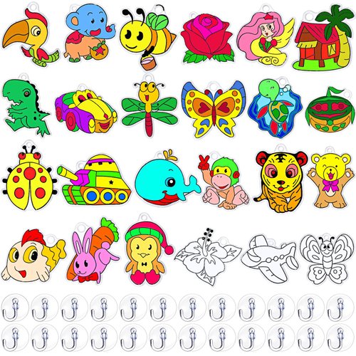 Sratte 48 Pcs Sun Catcher Kits for Art Window DIY Suncatchers Craft for Kids Animals Summer Window Art Paint with 24 Suction Cups for Kids Ornament Birthday Party Activities Home Decor Supplies