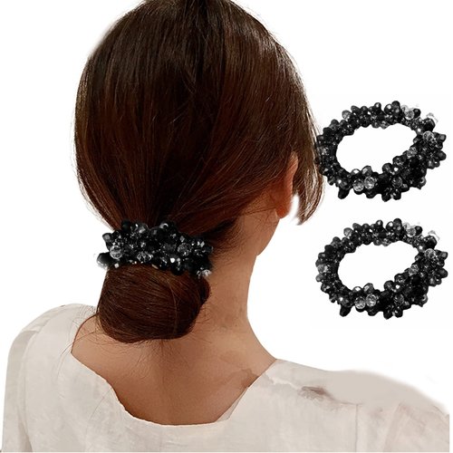 KINFENE Boho Crystal Beads Hair Ties, Hair Ropes, Hair Scrunchies, Elastics Ponytail Holders, Hair Wrist Ties Bands for Girls/Women, 2 Pcs, Apricot Brown - Perfect for Parties, Dance, Gym