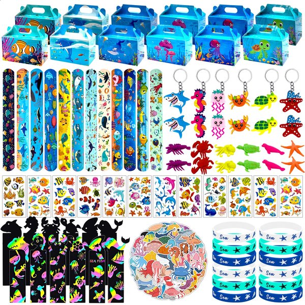 Joyvorite 144 Pcs Under the Sea Party Favors Set with Keychains Slap Bracelet Scratch Art Tattoo Stickers Wristbands Treat Boxes Ocean Party Favors Under the Sea Party Decorations