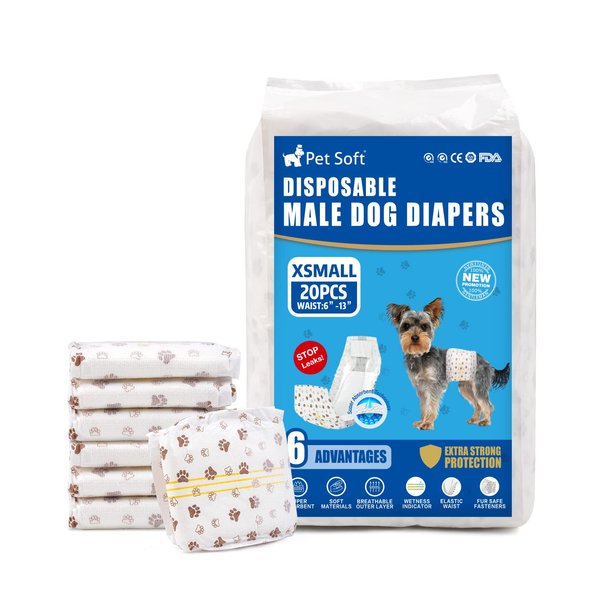 Pet Soft Dog Diapers Male - Disposable Male Dog Wraps Wetness Indicator, Ultra Absorbent Doggie Diapers Comfortable for Incontinence Excitable Urination, 20pcs XSmall