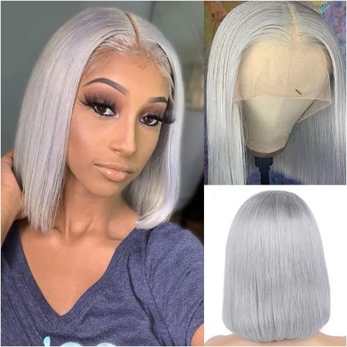 Smartinnov Grey Bob Wigs Human Hair Lace Front Wigs Middle Part Brazilian Remy Hair Straight for Women 8 Inch Pre Plucked Natural Hairline 180% Density Grey Frontal Short Bob Wigs