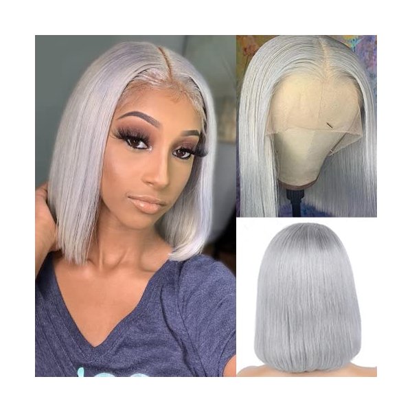 Smartinnov Grey Bob Wigs Human Hair Lace Front Wigs Middle Part Brazilian Remy Hair Straight for Women 8 Inch Pre Plucked Natural Hairline 180% Density Grey Frontal Short Bob Wigs