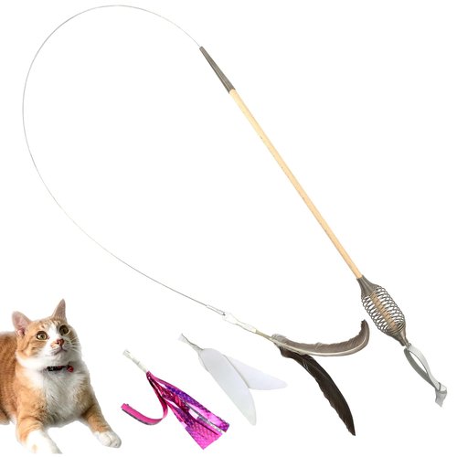 CurioSpring Super Elastic Wire Cat Toy, Effective Spring Grip, White Color Real Wood with 3 Attachments, Durable Cat Teaser Wand, Made in Japan