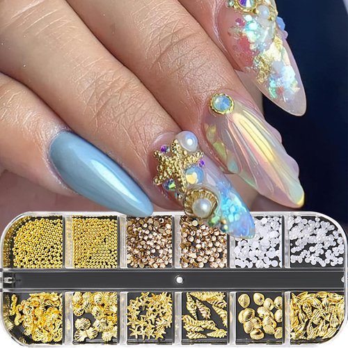 Jremg Summer Nail Charms 3D Nail Steel Studs Summer Metal Nail Art Charms Seashell Starfish Gold Nail Rhinestones Nail Gems Pearls Ocean Theme Designs Nail Supplies for Women Manicure DIY 12 Grids