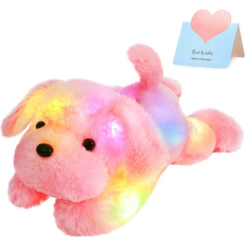 WEWILL 18'' Light up Pink Puppy Dog LED Stuffed Animal with Colorful Night Light Glow Soft Plush Toy Gifts for Kids on Christmas Birthday Valentines Day