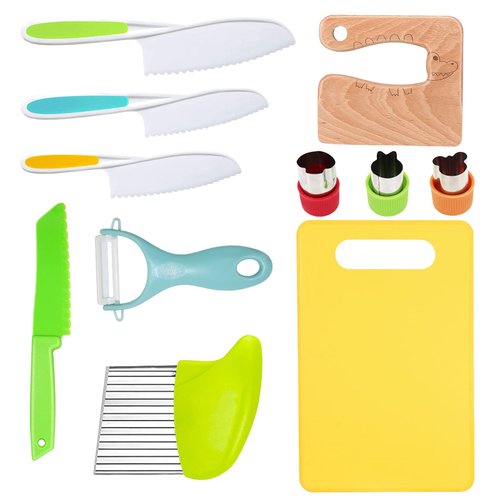 11 Pieces Wooden Kids Kitchen Knife, Kids Knife Set Include Wood Kids Knife, Serrated Edges Plastic Toddler Knife, Crinkle Cutter, Sandwich Cutter, Y Peeler, Cutting Board