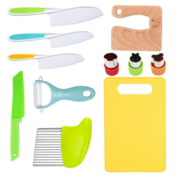 11 Pieces Wooden Kids Kitchen Knife, Kids Knife Set Include Wood Kids Knife, Serrated Edges Plastic Toddler Knife, Crinkle Cutter, Sandwich Cutter, Y Peeler, Cutting Board