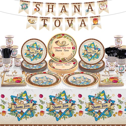 durony 170 Pieces Rosh Hashanah Decorations Rosh Hashanah Tablecloth Rosh Hashanah Paper Plates Napkins Cups Shana Tova Banner for Jewish New Year Holiday Party Decorations Serve 24 Guest