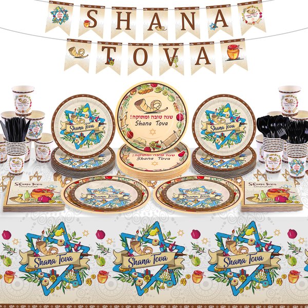 durony 170 Pieces Rosh Hashanah Decorations Rosh Hashanah Tablecloth Rosh Hashanah Paper Plates Napkins Cups Shana Tova Banner for Jewish New Year Holiday Party Decorations Serve 24 Guest