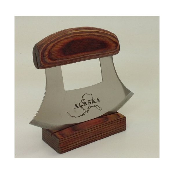 Alaska Ulu Knife Natural Exotic Wood Stand Etched Blade