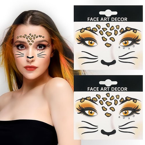 2PCS Leopard Face Tattoo Sticker Glitter Sparkling Cheetah Face Art Stickers Self-adhesive Animal Temporary Tattoo Face Body Jewel Sticker Makeup Decoration for Christmas Halloween Party Supplies