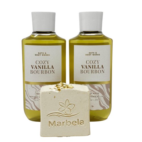 Bath & Body Works Cozy Vanilla Bourbon - Pack of Two - Body Wash With a Wild Jasmine Soap.