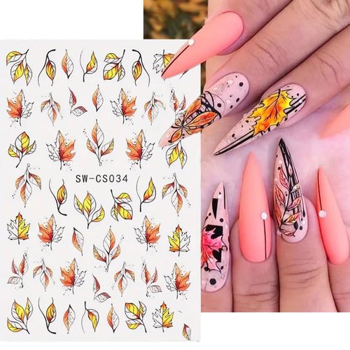 Fall Nail Art Stickers Decals Autumn Maple Leaf Nail Decals 6PCS Fall Leaf Plant 3D Self-Adhesive Thanksgiving Nail Art Supplies Fall Sticker for Nails Manicure Sliders for Women Nail Art Decorations