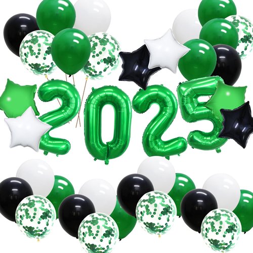 KAXIXI New Years Eve Party Supplies 2025, Graduation Decorations Class of 2025, Green Black 2025 Party Balloons for Prom Night Birthday Anniversary St. Patrick's Day Decor