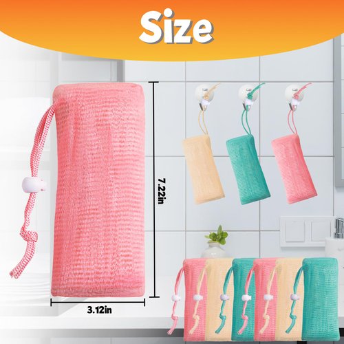 Feelorna 6Pcs Mesh Soap Bag, 3 Colors 6-layer Soft Soap Pouch with Adjustable Buckle and Drawstring Soap Saver Bag to Create Foam for Body Facial Cleaning (3.12 "x 7.22" Green Pink Beige)