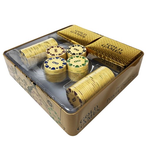 Gold Games Professional Poker Chips Set, 100 Poker Chips, 2 Decks of Playing Cards, Water-Resistant, Gold and Bold in True Casino Style