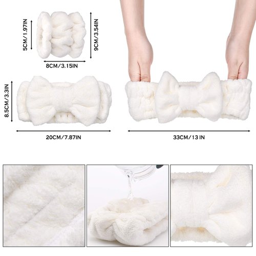 Chuangdi 4 Pcs Microfiber Headband Spa Wristbands and Wrist Bands for Washing Face Cuffs Towel Wristbands Hair Headband Face Wash Wristband Cuffs for Women Makeup(White)