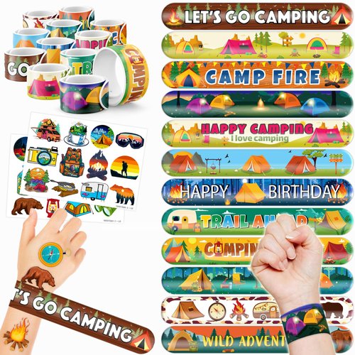 48 PCS Camping Party Favors 24PCS Tattoos Stickers 24PCS Slap Bracelets Wristbands Perfect for Themed Birthday Party Favors Baby Showers or Classroom Rewards Ideal Decor and Gifts for Girls and Boys
