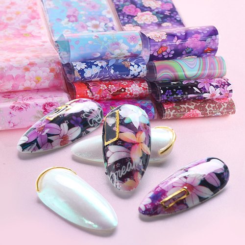 Flowers Nail Art Foil Transfer Stickers Decals, Holographic Pink Floral Nail Art Design, Acrylic Nails Supplies for Nail Transfer Glue Polish, Women Fingernails Toenails Nail Decoration (10 Sheets)