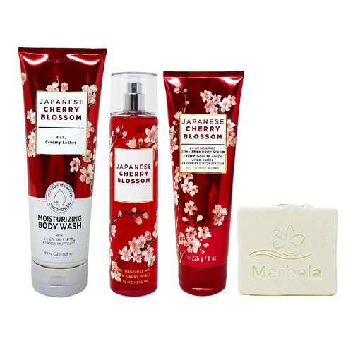 Bath & Body Works Japanese Cherry Blossom 3 Piece Value Pack with a Natural Oats Soap - Moisturizing Body Wash - Fragrance Mist and Body Cream - Full Size