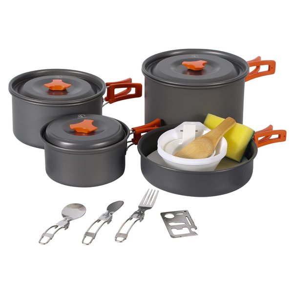 REDCAMP 22 PCS Camping Cookware Set for Family, Compact & Folding Backpacking Cookset for 4-5 Persons, Anodized Aluminum Lightweight Camping Pots and Pans Set