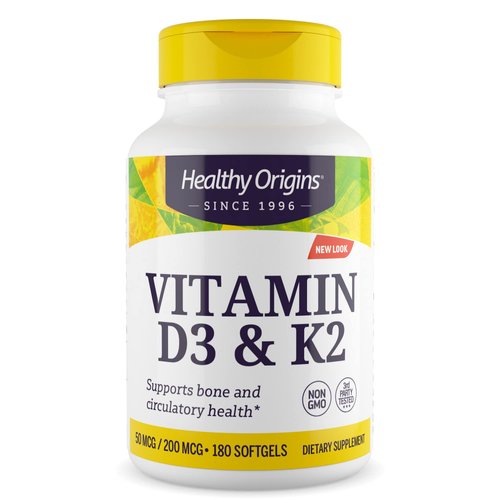 Healthy Origins Vitamin D3 &amp; K2 - Vitamin D3, 50 mcg - Vitamin K2, 200 mcg - Easily Absorbable Vi...