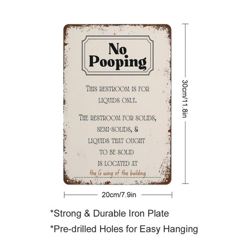 No Pooping Poster Sign Wall Art,Funny Decor Office Work Coworker Bathroom Restroom Toilet Powder Room Potty Humor Retro Metal Tin Sign Vintage Aluminum Sign For Home Coffee Wall Decor 12x8 Inch